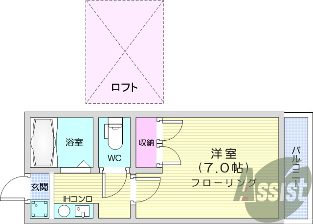 1K、ロフト、エアコン、バストイレ別、モニターインターホン
