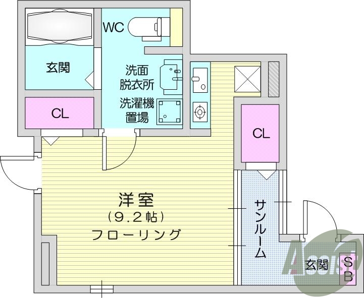 1K、エアコン、室内洗濯機置場、トイレ浴室別、クローゼット