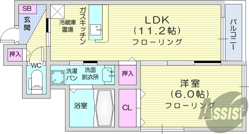 1LDK、カウンターキッチン、バストイレ別、独立洗面化粧台
