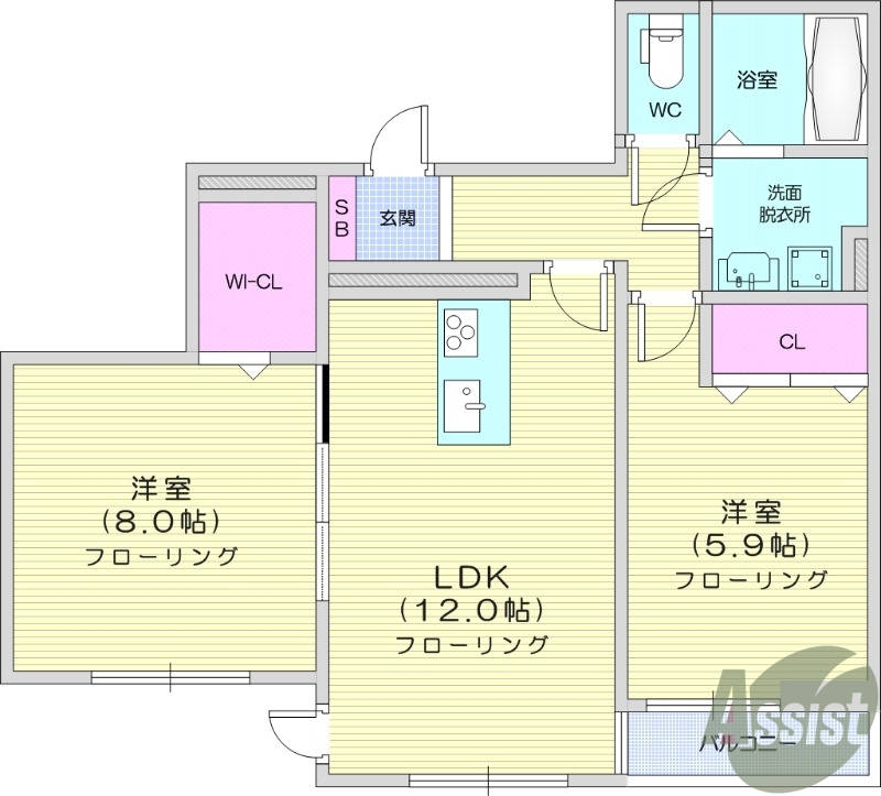 2LDK、追い焚き機能、浴室乾燥機、ネット無料。