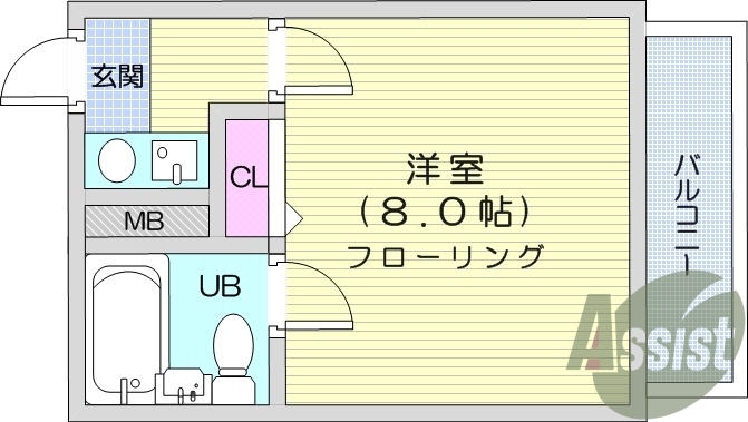 １K、バス・トイレ同室、エアコン、室内洗濯機置場