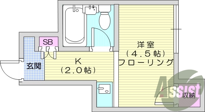 １K、バス・トイレ同室、エアコン、室内洗濯機置場