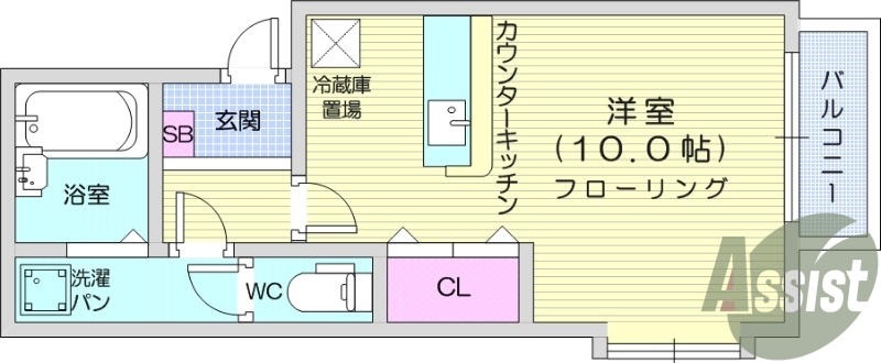 1R、エアコン、モニタ付インターホン、クローゼット