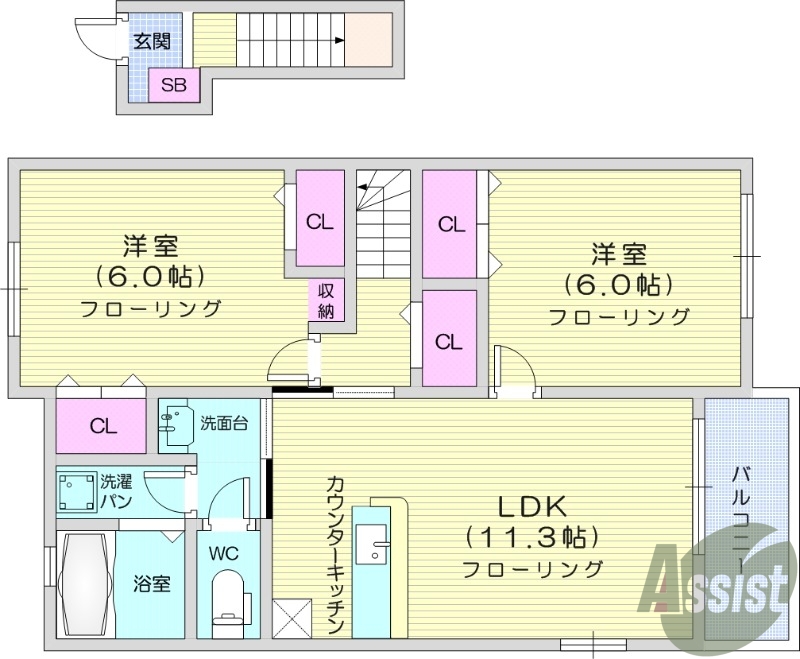 2LDK、角部屋、カウンターキッチン、洗面所独立