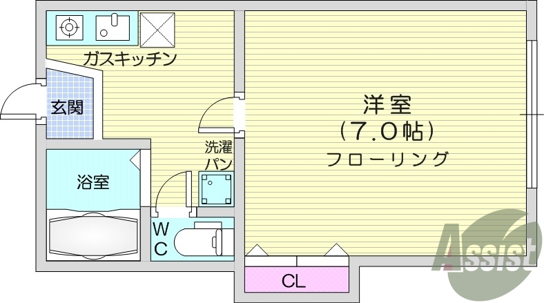 1Ｋ、エアコン、室内洗濯機置場、トイレ浴室別、クローゼット