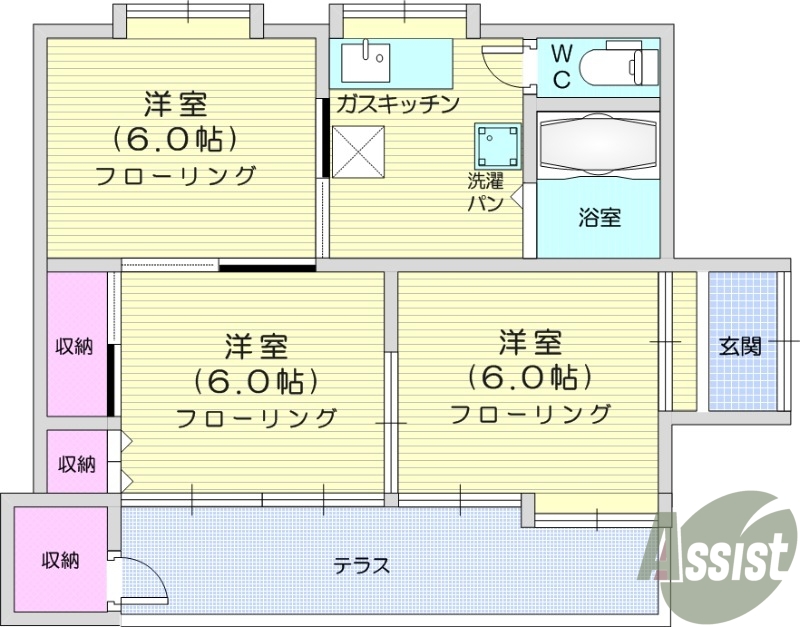 3K、フローリング、モニターホン、バストイレ別