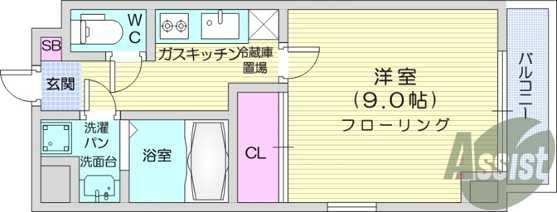 1K、防犯カメラ、オートロック、独立洗面台、室内洗濯機置場