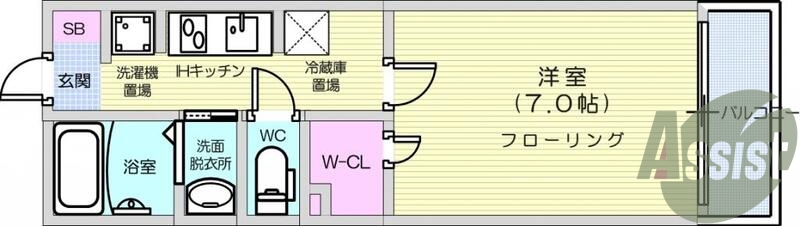 1K・IH２口キッチン・独立洗面台・室内洗濯機置き場