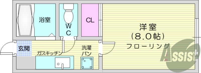 1K、エアコン、プロパン、バストイレ別、収納