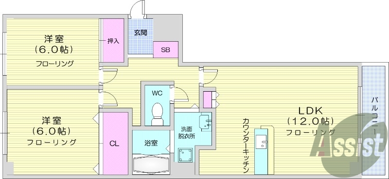 2LDK、都市ガス、カウンタキッチン　　