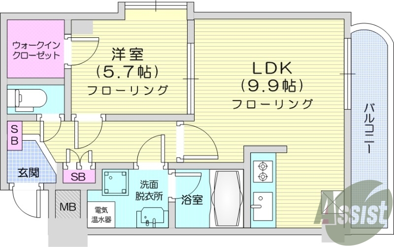 １LDK、バス・トイレ別、温水洗浄付便座、室内洗濯機置場