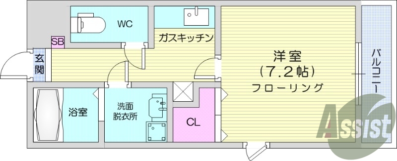 1K、バストイレ別、陽当たり良好、バルコニー付き