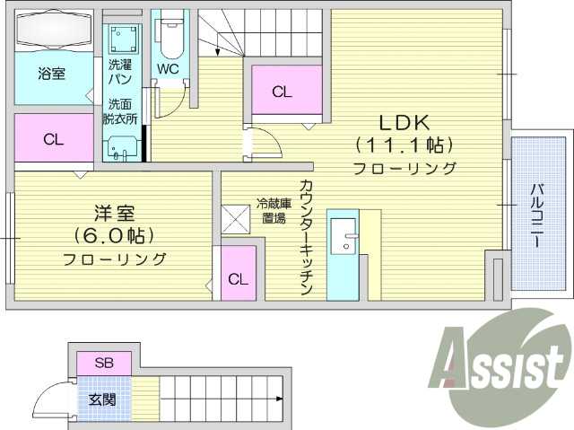 1LDK 、角部屋、エアコン2台、物置、カウンターキッチン