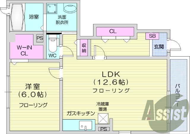 1LDK、バストイレ別、バルコニー、南東向き、浴室乾燥機