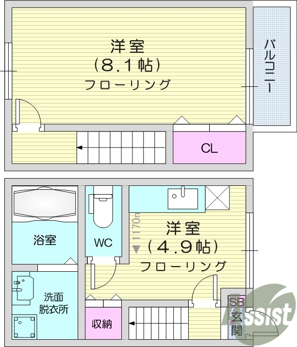 1DK、バストイレ別、バルコニー付き、メゾネットタイプ