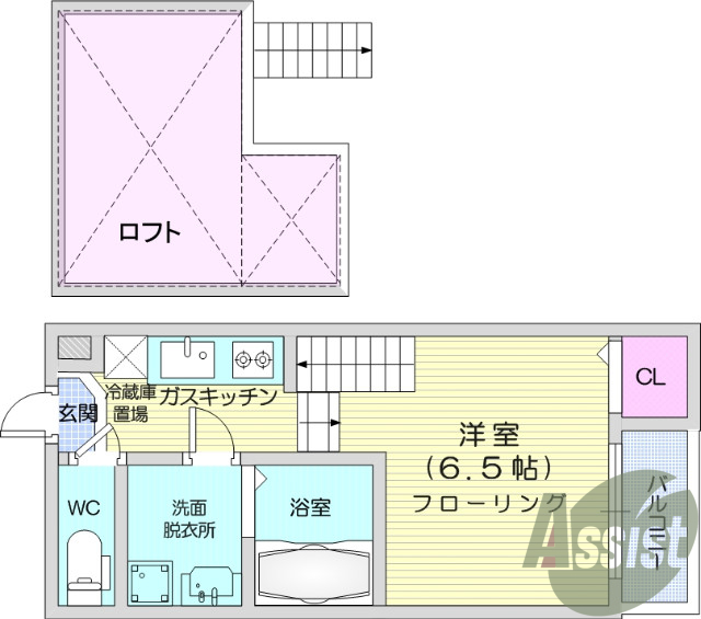 １K、ロフト、浴室乾燥機、システムキッチン、温水便座