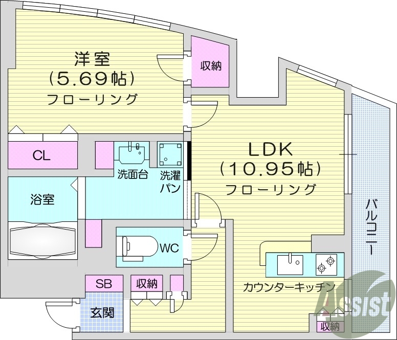 １LDK、角部屋、システムキッチン、バルコニー。