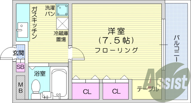 1K、エアコン、フローリング、バルコニー