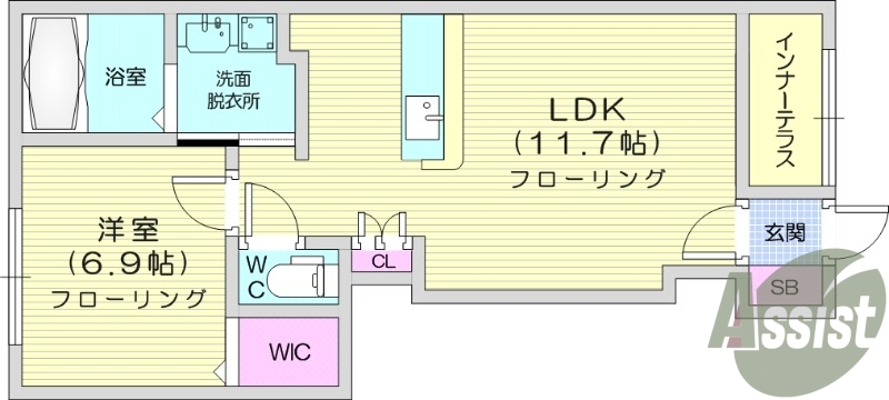 1LDK、フローリング、モニターホン、バストイレ別、追い炊き