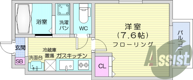 １K、洋室7.6帖、IHクッキングヒーター、システムキッチン