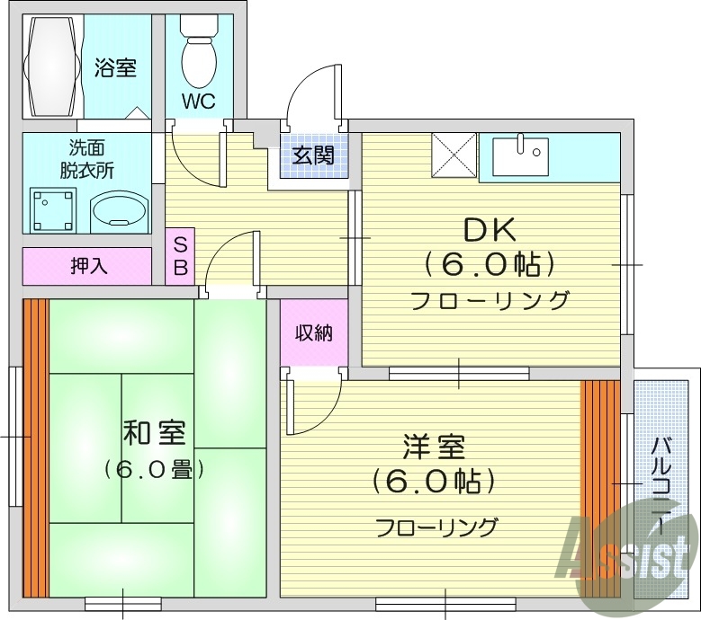 2DK、エアコン、室内洗濯機置き場、トイレ浴室別、収納
