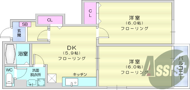 2DK、独立洗面台、モニター付きインターホン