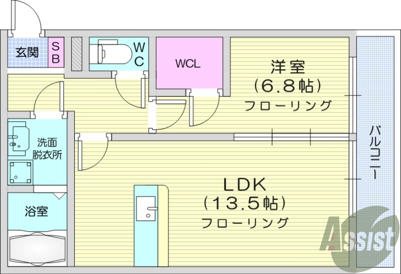 1LDK、南向き開口部、エアコン2基付、システムキッチン付き