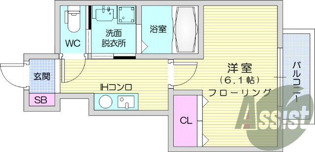 1K、バルコニー、クローゼット、バストイレ別