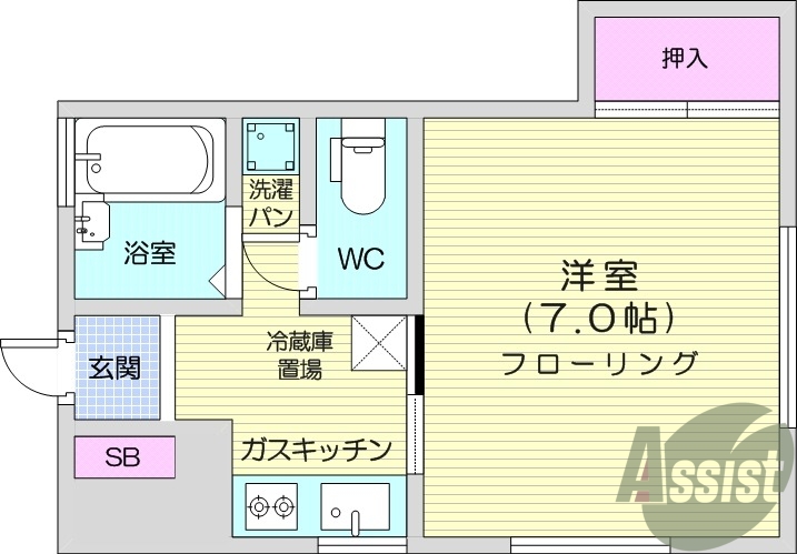 1K、バストイレ別、洗濯機、冷蔵庫、モニター付きインターホン