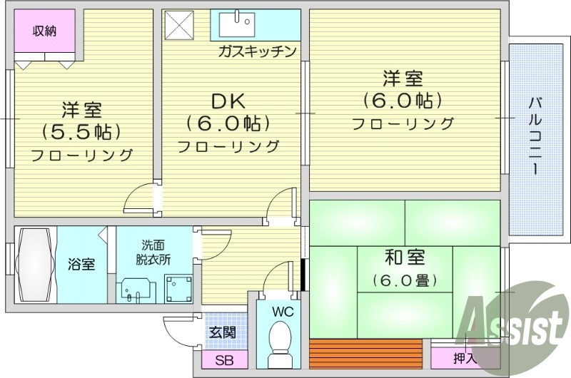 3DK、温水洗浄便座、追い焚き機能、室内洗濯機置き場