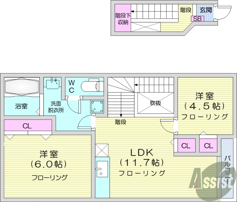2LDK、バストイレ別、温水洗浄便座、陽当たり良好