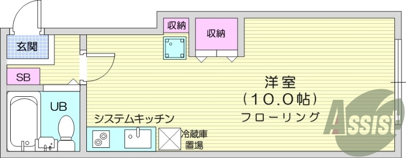 １R、システムキッチン、エアコン、室内洗濯機置き場
