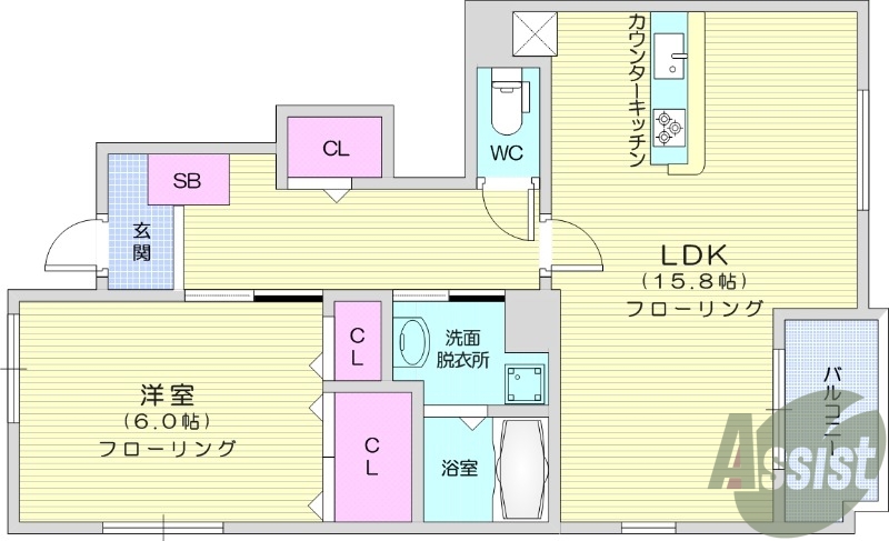 1LDK、フローリング、エアコン、クローゼット