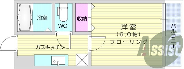 1K、バルコニー、フローリング、エアコン