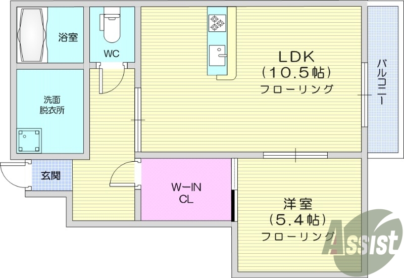 1LDK、バス・トイレ別、温水洗浄付便座、室内洗濯機置場