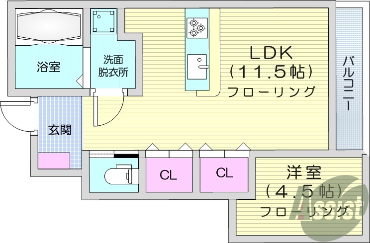 1LDK、バルコニー、南向き、浴室乾燥機、追い焚き機能