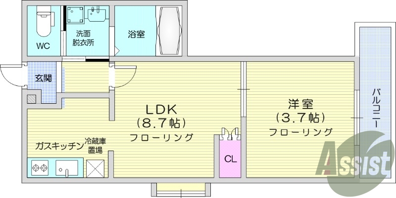 1LDK、バス・トイレ別、温水洗浄付便座、室内洗濯機置場