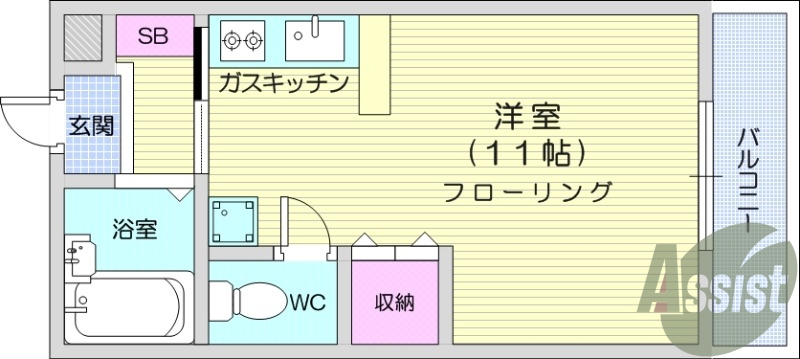 １K、エアコン、洗面台、シャワー、室内洗濯機置場、照明機器