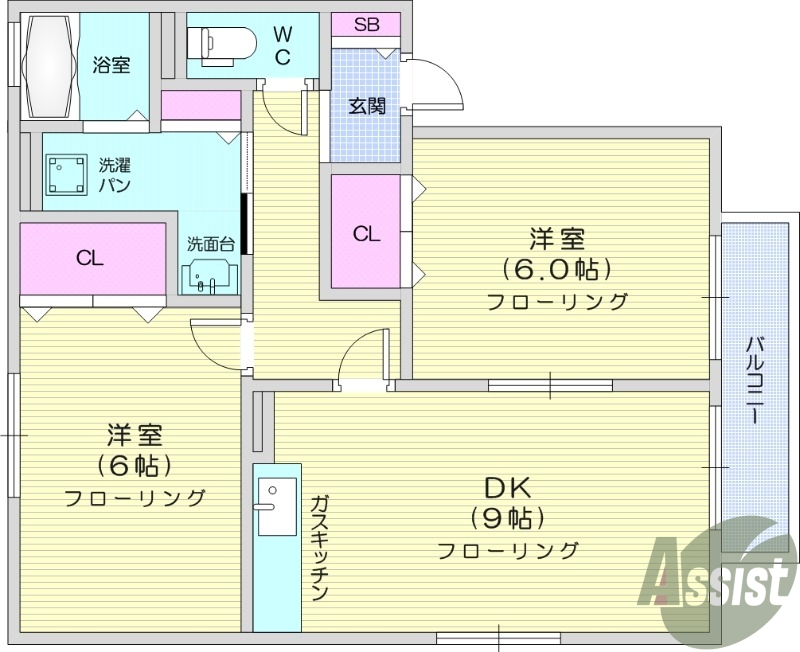 2DK、バルコニー、バストイレ別、南向き、追い焚き給湯