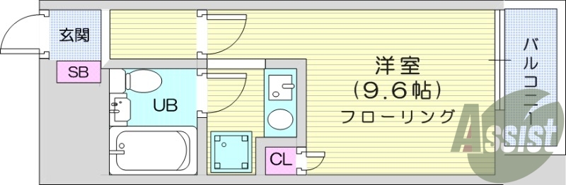 ワンルーム、バルコニー、フローリング、ユニットバス。
