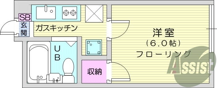 1K、エアコン、ガスコンロ付、収納スペース