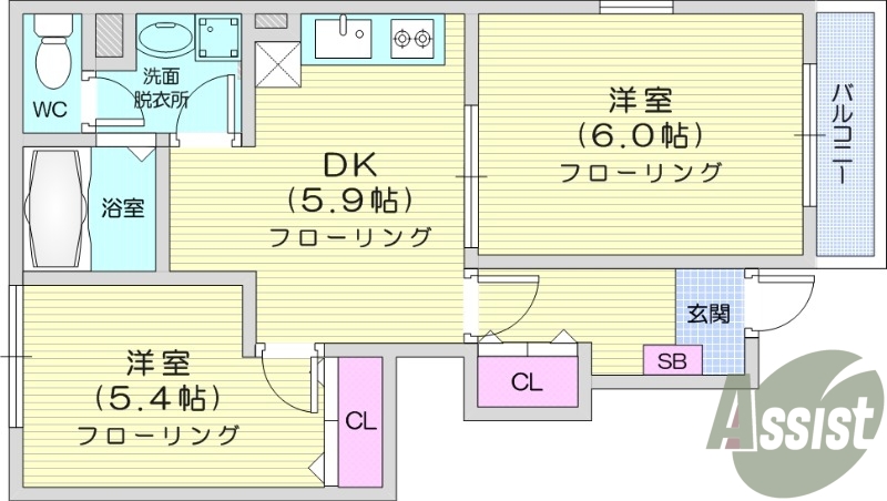 2DK、バス・トイレ別、温水洗浄付便座、室内洗濯機置場