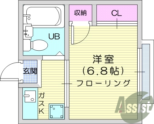 １K、バス・トイレ別、温水洗浄付便座、室内洗濯機置場　