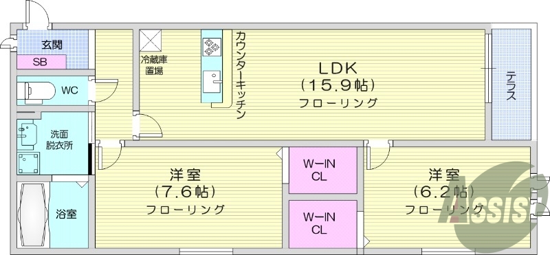 2LDK、バストイレ別、追い焚給湯、オートロック