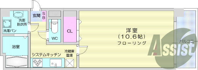 1K、システムキッチン、独立洗面台、シューズボックス、給湯器