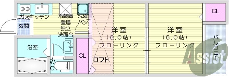 2K、独立洗面台付、ロフト有、インターネット無料