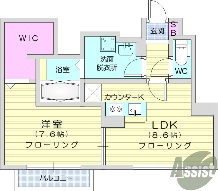 1LDK、追い焚き、温水洗浄便座、システムキッチン、エアコン