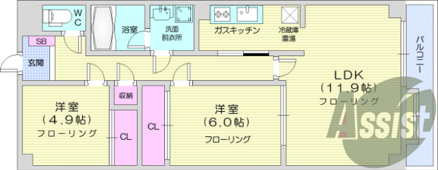 ※反転タイプ。2LDK、オートロック、エアコン、洗髪洗面台