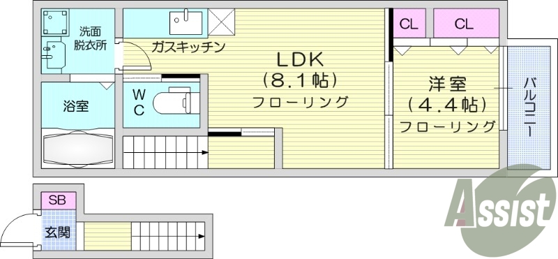 1LDK、バルコニー付き、バストイレ別、独立洗面化粧台