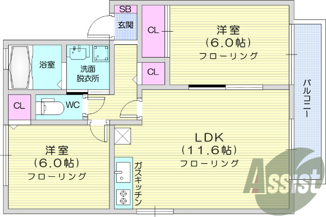 2ＬＤＫ、オールフローリング、システムキッチン、独立洗面
